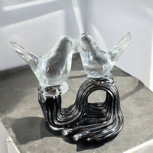 Vintage 1980s Clear Love Birds Figurine On Black Swirl Tree Branch Glass Figure